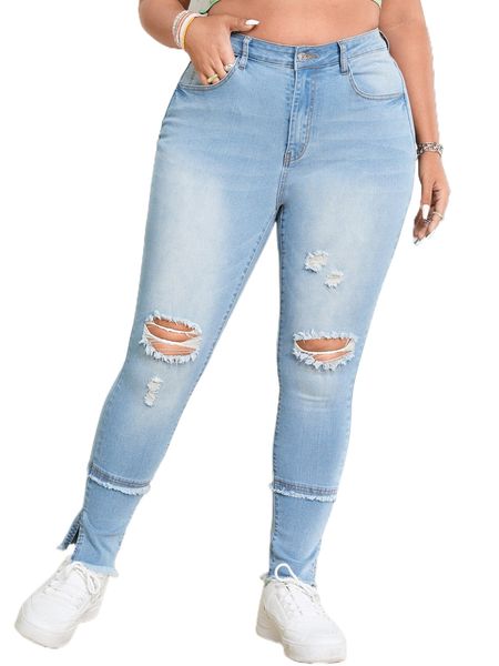 

plus high waist ripped raw cut split hem skinny jeans b5gi#, Blue