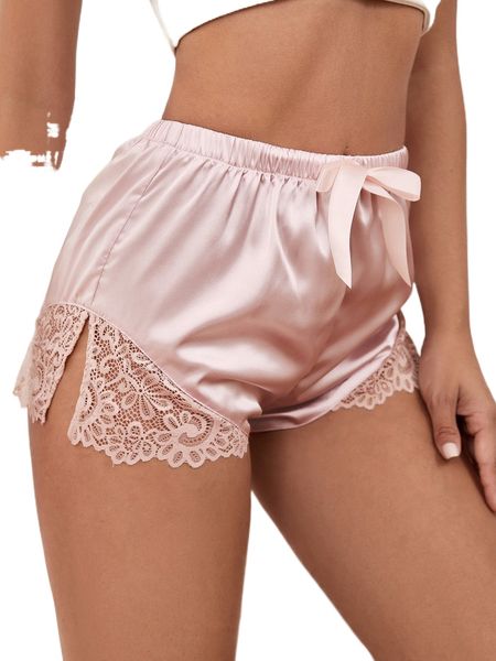 

tie front contrast lace slit side satin sleep shorts s0p6#, Black;red