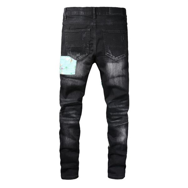 

high street trend jeans young men's high craft ripped patch color line stretch slim fit jeans311w, Blue