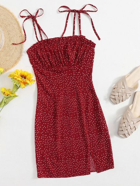 

polka dot print tie shoulder split hem cami dress 66ux#, Black;gray