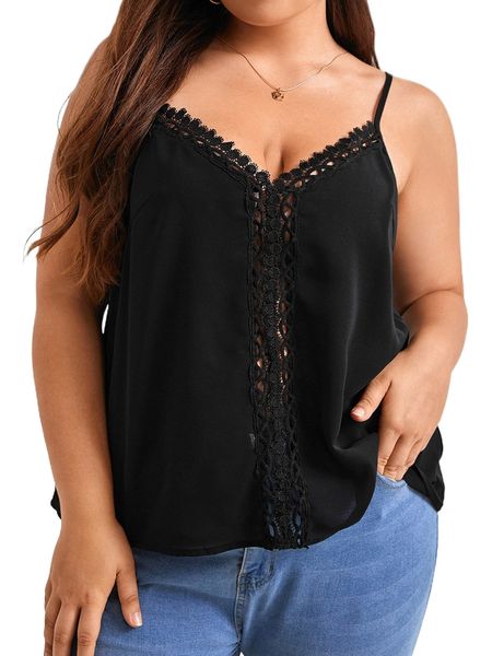 

plus contrast lace cami m9zm#, Black