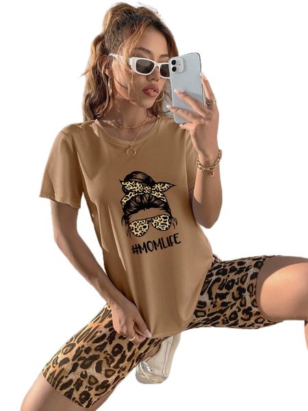 

figure & letter graphic tee with leopard biker shorts h30j#, White