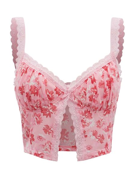 

sxy plus floral print lace trim slit hem mesh cami n22x#, Black