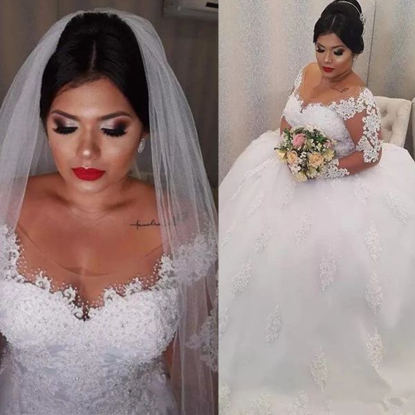 Plus Size 2022 Abito da sposa Scollo a V Appliqued in pizzo Spiaggia Abiti da sposa all'aperto Abiti da sposa a maniche lunghe Abiti da sposa