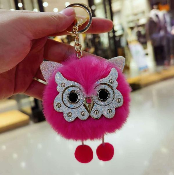 

cute bird owl keyring keychain carabiner imitation rabbit hair plush toy key chain key ring bag hangs lkey holders fashion jewelry, Silver