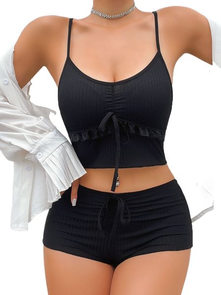 

tie front frilled ribbed knit wireless lingerie set 94sm#, Black;red