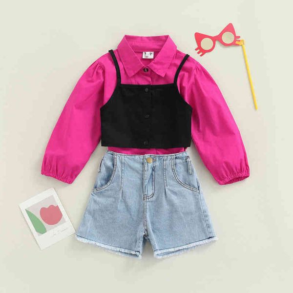 CITGEETT Summer Kids Girls Abbigliamento set di camicie a petto singolo solido Tops Tops Tops Denim High Waist Suit J220711