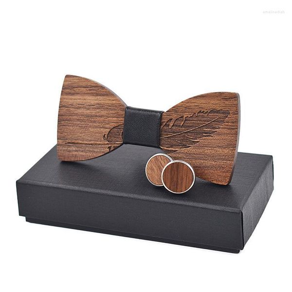 Papillon Sitonjwly Retro Papillon in legno Set di gemelli per uomo Piume Modello Cravatta in legno Accessorio Matrimonio Regali di Natale Fiocco Emel22