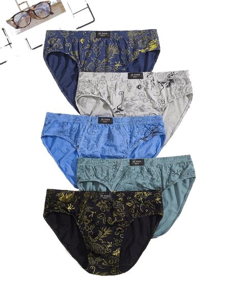 

men 5pcs random graphic print letter patched detail brief n8jd#, Black;brown