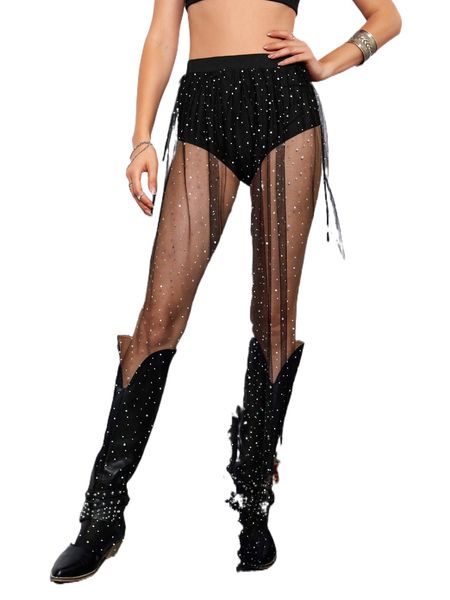 

sequin mesh overlay high waist sheer skirt l3ii#, Black