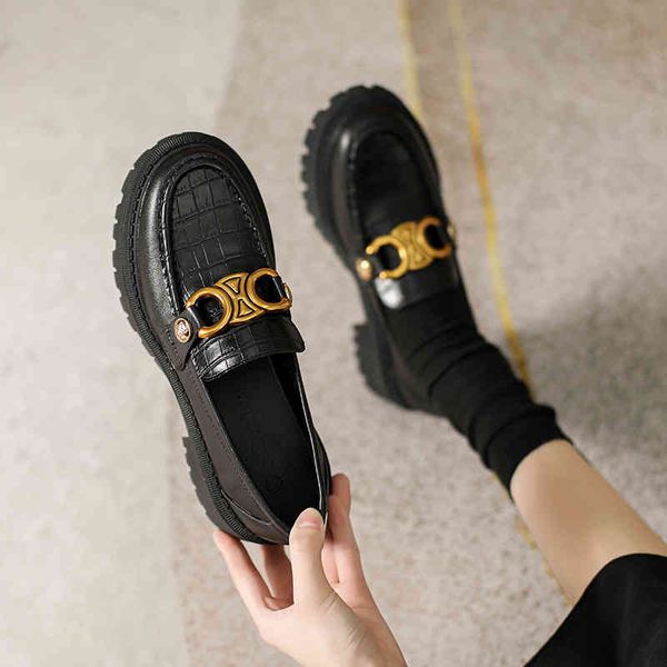 

dress shoes thick soled leffer shoes women's single small leather spring british metal buckle student soft me, Black