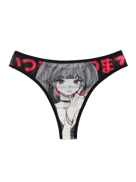 

romwe anime cartoon figure mesh panty 46cf#, Black;red
