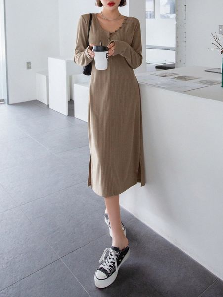 

dazy button detail split hem dress y7gp#, Black;gray
