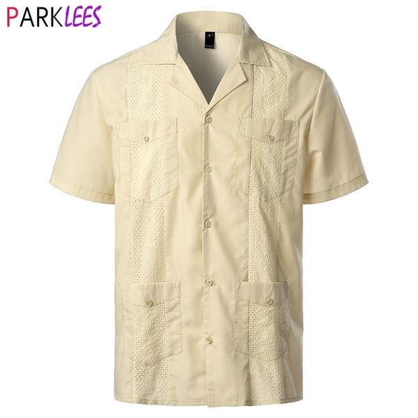 Camicia Guayabera da uomo tradizionale cubana con collo da campo a maniche corte ricamata in stile caraibico messicano con 4 tasche 220324