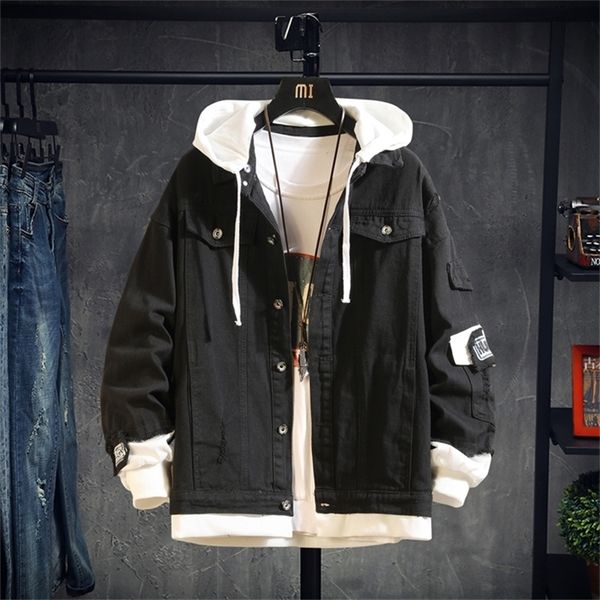

2020 pink black green jeans jacket men slim streetwear ripped denim jacket hoodie men hip hop bomber jacket homme autumn lj201013, Black;brown