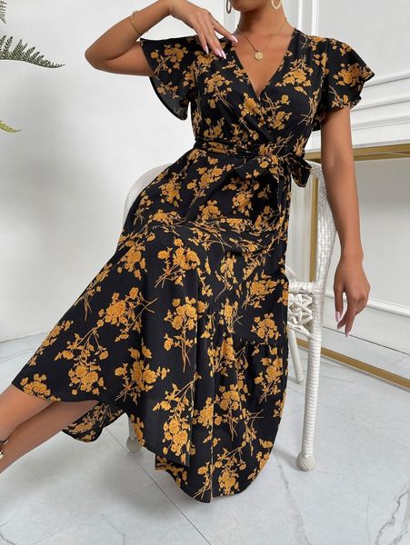 

surplice neck floral print butterfly sleeve belted dress j1p4#, Black;gray