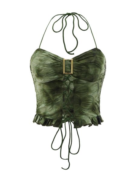 

tie dye lace up front ruffle trim backless crop halter without gloves w7dt#, White