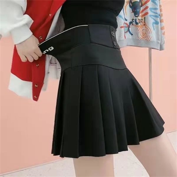 

y2k harajuku button letter printed pleated skirt elastic high waist aline mini skirt korean fashion school kawaii women skirt 220701, Black