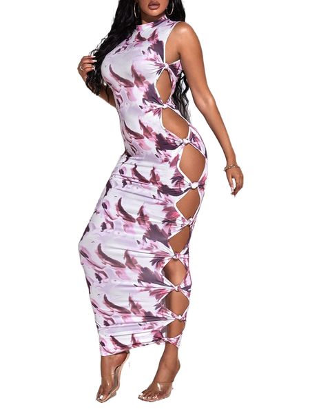 

sxy allover print ladder cut out knot side ruched bodycon dress n0no#, Black;gray