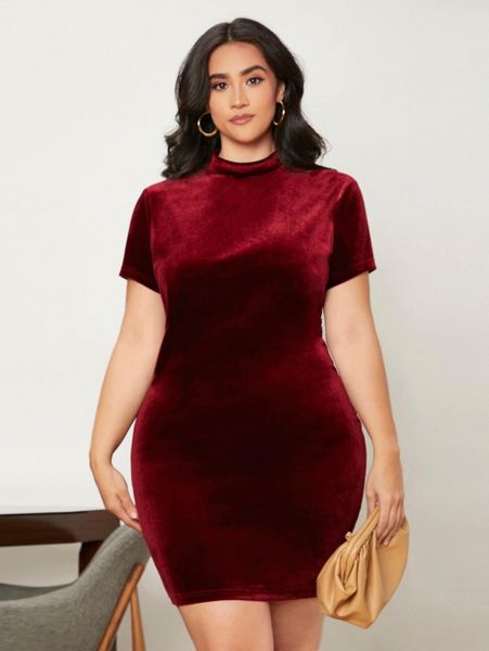 

plus mock neck velvet bodycon dress q4t6#, Black