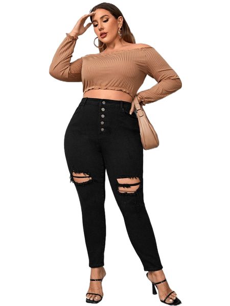 

plus button fly ripped skinny jeans b3zi#, Blue