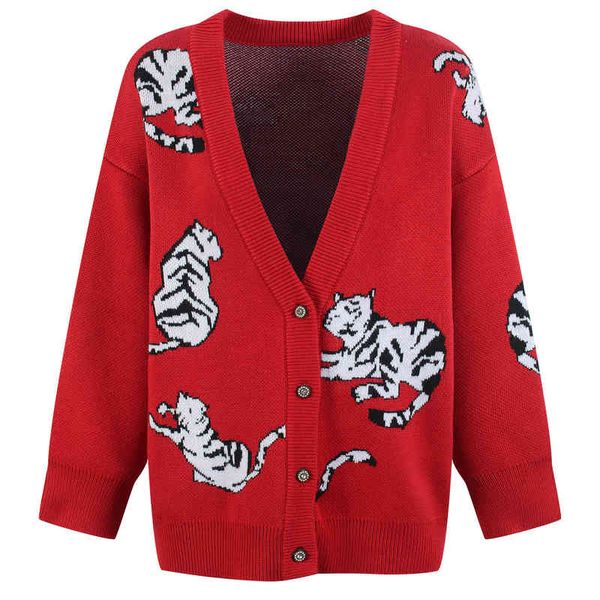 

women's knits tees early spring red knitted cardigan women's fashionable v-neck animal aging jacquard cute outerwear 7r6t, White
