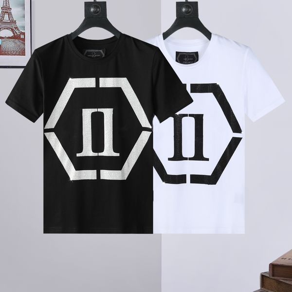 

pp fashion men's designer slim fit casual rhinestone short sleeve round neck shirt tee skulls print streetwear collar polos m-xxxl p74, White;black