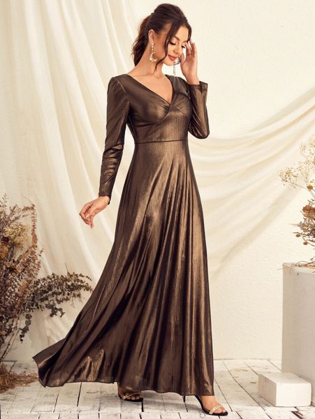

ruched zip back maxi metallic prom dress 204d#, Black;gray