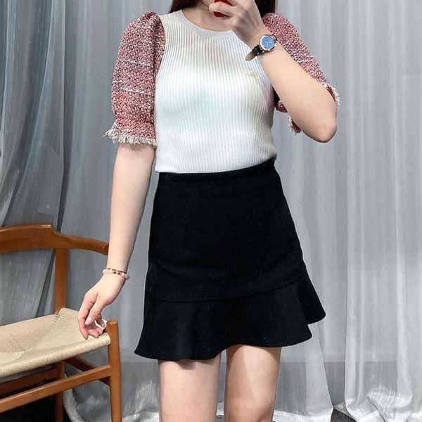 

women's sweaters fadan  home spring and summer slim fit ice bubble sleeve sweater women's short color matching t-shirt q28z, White;black