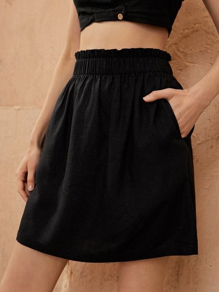 

paperbag waist slant pocket skirt 53p6#, Black
