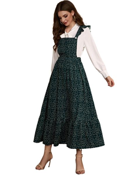 

polka dot ruffle trim overall dress without blouse t0tw#, Black;gray