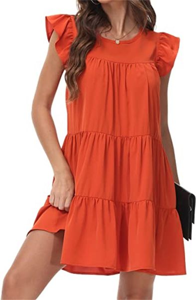 

& tees women's summer lovely pleated sleeve casual loose solid color flowing baby smokey pleated mini dress, White