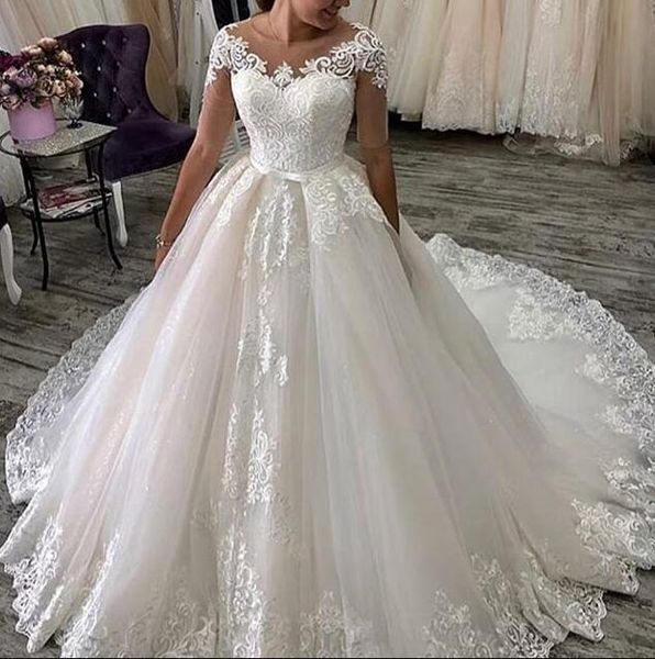 

vestido de noiva 2022 wedding gowns half sleeve princess a line appliques ball gown luxury bride dresses vintage robe de mariee, White