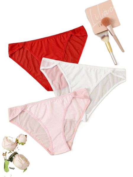 

3pack plus plain contrast mesh panty e0wu#, Black;white