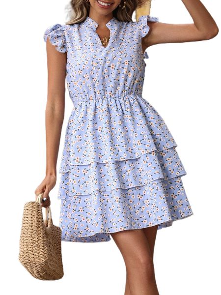 

floral print notched neckline tiered layered hem dress h5cv#, Black;gray