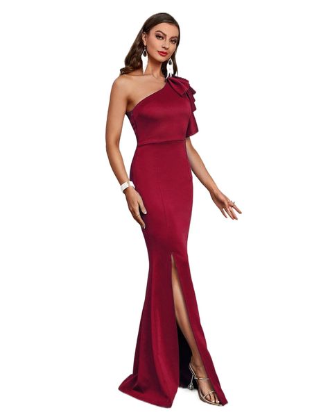 

one shoulder ruffle trim slit mermaid hem prom dress r52m#, Black;gray