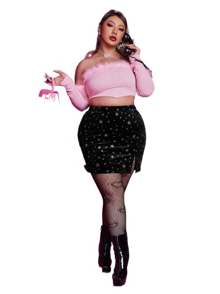 

plus star pattern split hem velvet skirt z649#, Black