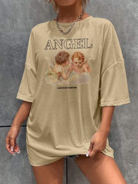 

letter & angel print drop shoulder tee a8a8#, White