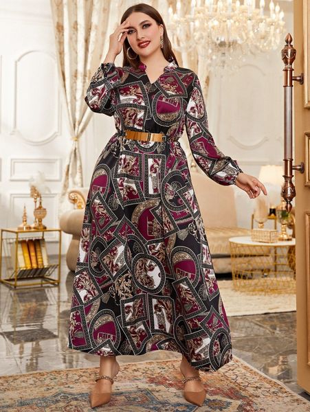 

plus random patchwork print lantern sleeve belted dress 26yx#, Black