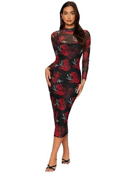 

floral print mesh bodycon dress with lined 609j#, Black;gray