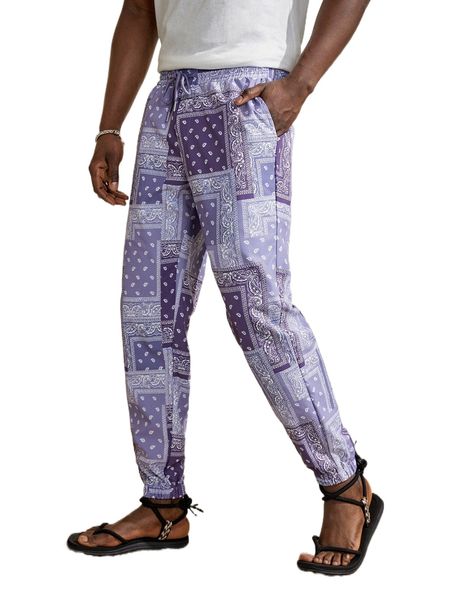 

men paisley scarf print drawstring waist pants l9ix#, Black