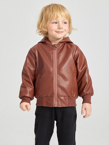 

toddler boys zipper hooded pu leather jacket she, Blue;gray