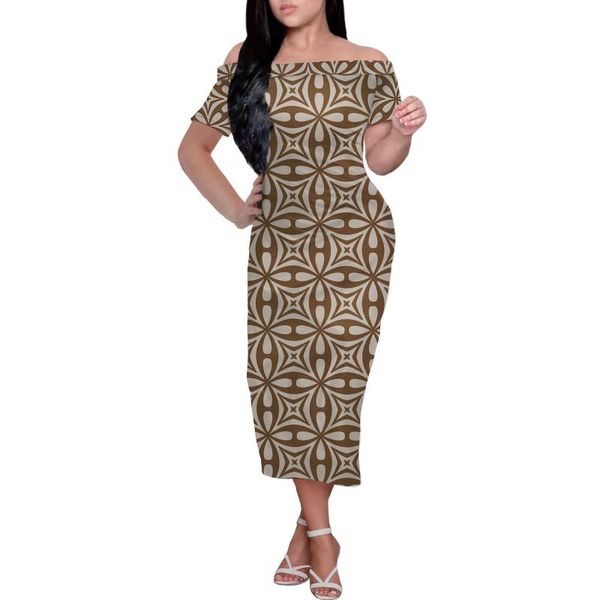 Partykleider Polynesische Stammeskleidung Weibliches hawaiianisches Tattoo-Kleid Lässige Robe Strandurlaub Kastanienbraune Frauen Schulterfrei