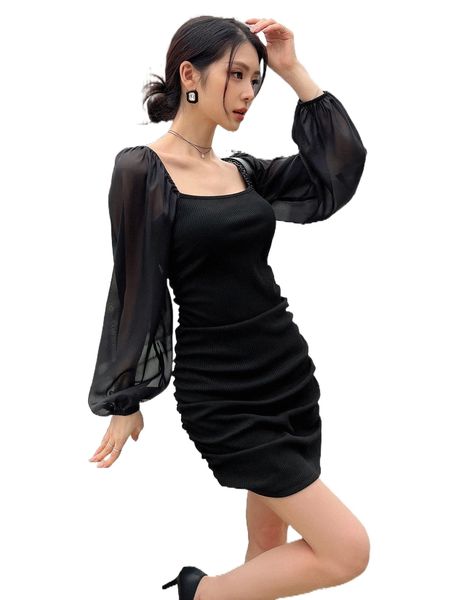 

dazy square neck contrast mesh lantern sleeve ruched dress p0vx#, Black;gray