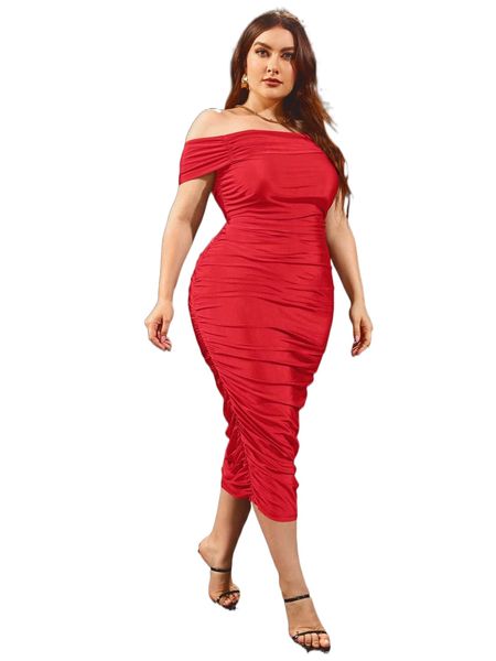 

plus off shoulder ruched bodycon dress 78k6#, Black