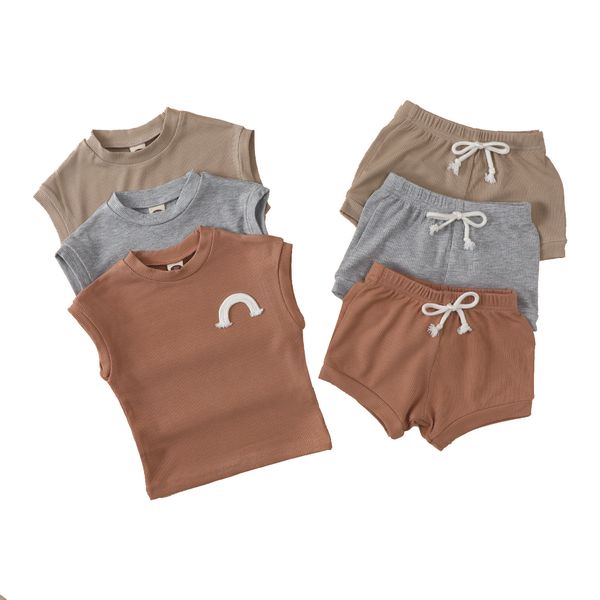 Kids Designer roupas meninas verão arco-íris conjuntos de doces algodão pit stripe tanque macio tops outfits moda tops calças ternos casuais b8101