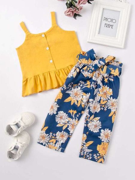 

toddler girls ruffle hem cami & floral belted pants she, White