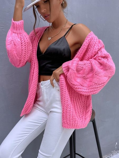 

raglan sleeve cable & ribbed knit cardigan l4xo#, White;black