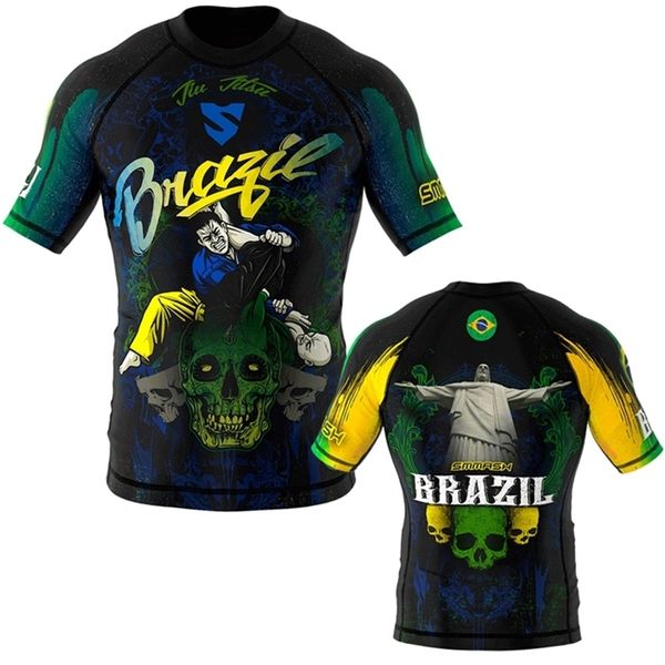 Camisa masculina de compressão com decote em O para treinamento manga curta MMA Sports T-shirt Wrestling Jiu Jitsu Rashguard Tight T-Shirt 220620