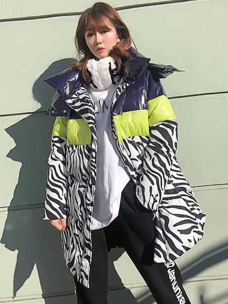 Piumino da donna Parka 2022 Cappotto invernale Donna Addensato Manica lunga con cappuccio Donna Sciolto Zebrato Giacche a righe Cappotto imbottito Vestiti da neve Guin2